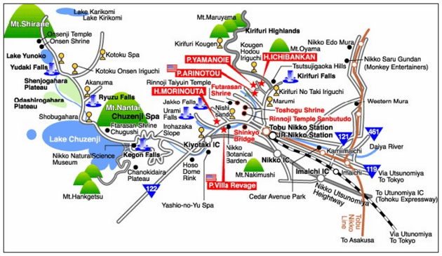 Mapa de Nikko con la ubicación de los templos y las rutas